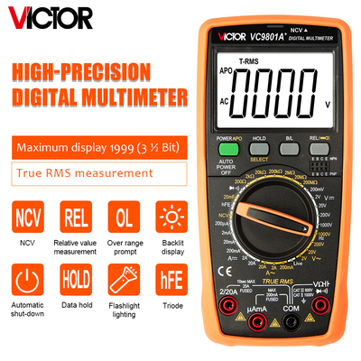 Victor VC9801A+ 9801 Multiméter de bolso Teste de transistor de temperatura RMS verdadeiro