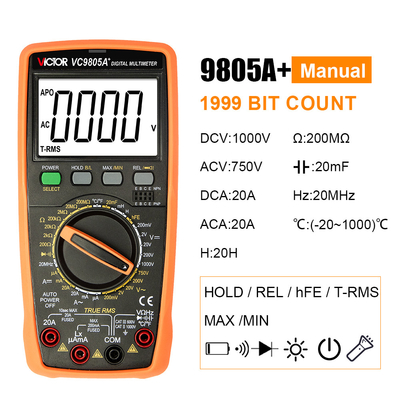 VICTOR VC9805A+1999 ((3 1/2) True RMS Digital Multimeter Tester Medição de resistência AC DC 1000V 20A Voltmeter Ammeter