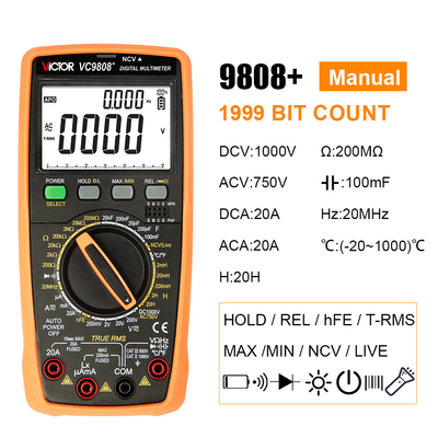 VICTOR VC9808+ Multiméter digital 2000uF capacímetro 10MHz Medição da temperatura e da indutividade de frequência com teste LCR
