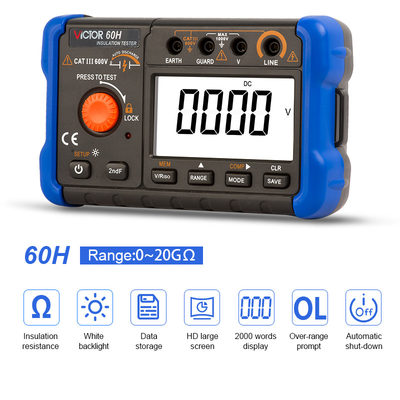 VICTOR60H Display Tester de isolamento digital 1000V com registo de dados Megohmmeter