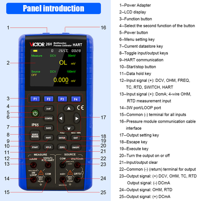 VICTOR 26 Calibrador de processo multifunção Gerador de sinal com precisão de 0,01% 5 dígitos Display 24V circuito de loop IP65